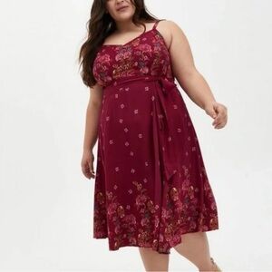 TORRID Maroon Red Sugar Skull Floral Print Belted Tank Midi Dress 3 3X